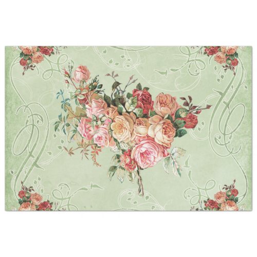 Vintage Rose Bouquet Peach Pink Mint Decoupage Tissue Paper