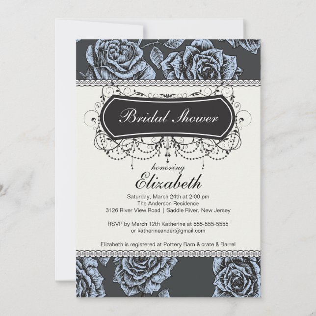 Vintage Rose Bridal Shower Invitation Blue (Front)