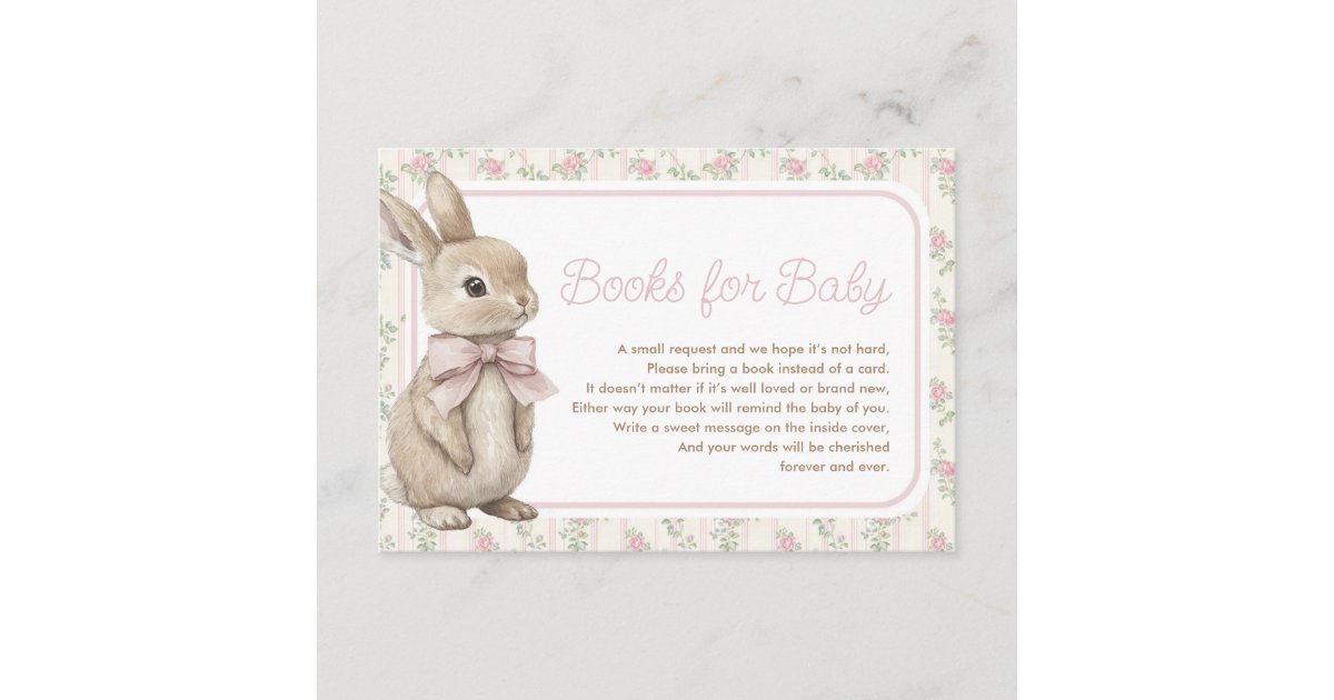 Vintage Rose Bunny Rabit Books for Baby Girl Enclosure Card | Zazzle