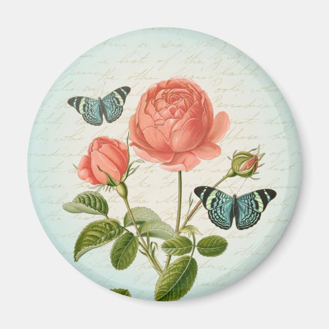 Vintage rose & butterfly floral girly magnet (Front)