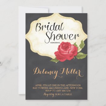Vintage Rose Chalkboard Bridal Shower Invitation by ThreeFoursDesign at Zazzle