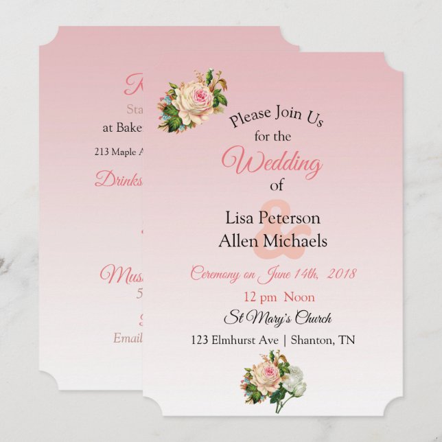Vintage Rose Champagne Floral Wedding Invitation (Front/Back)