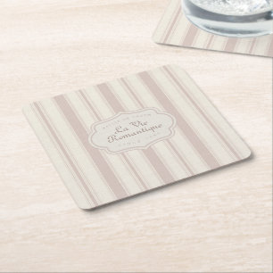 Vintage Rose & Cream Striped French Country Square Paper Coaster