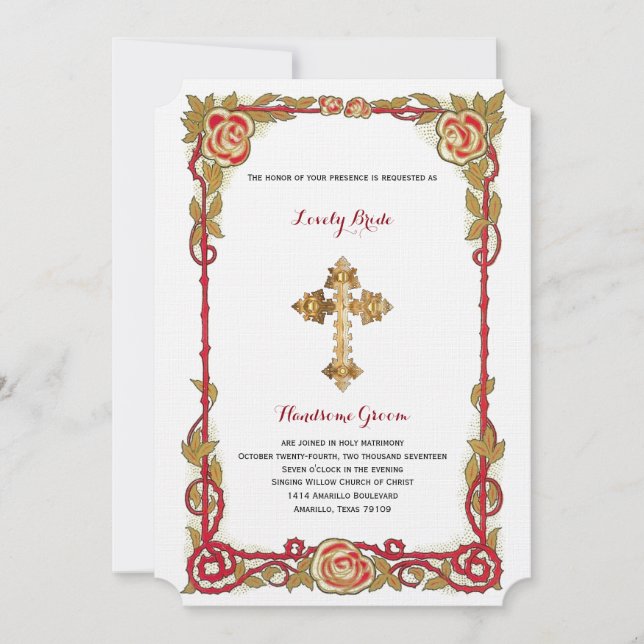 Vintage Rose Cross Christian Wedding Invitation (Front)