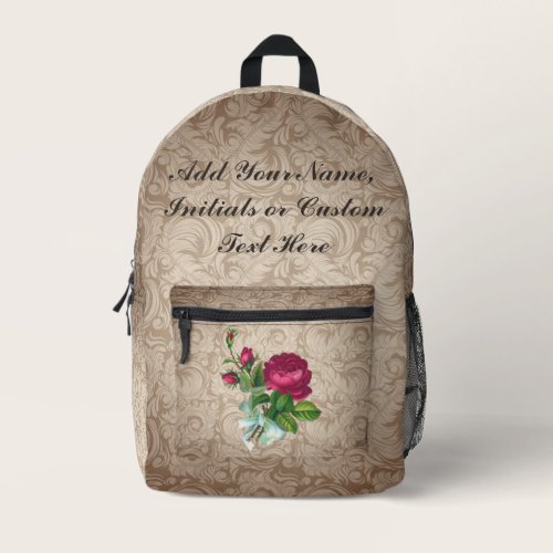 Vintage Rose Damask Custom Name Quote Floral Printed Backpack