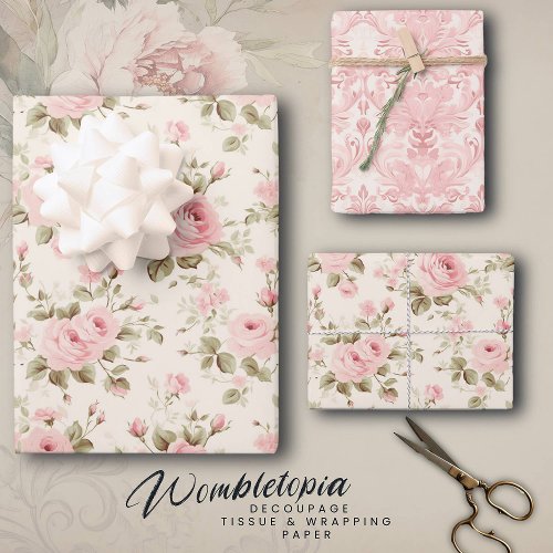 Vintage Rose  Damask Elegant  Pastel Pink Wrapping Paper Sheets