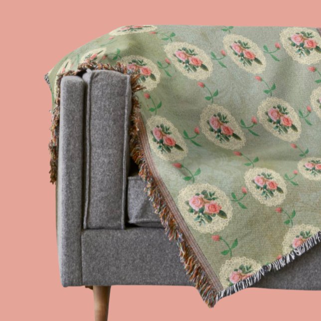 Vintage Rose Doily Green Damask Throw Blanket (Creator Uploaded)