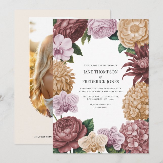 Vintage Rose, Dusty Peony & Soft Tan Wedding Invitation (Front/Back)