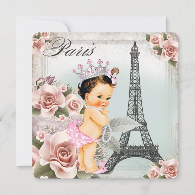 Vintage Rose Eiffel Tower Paris Baby Shower Invitation (Front)