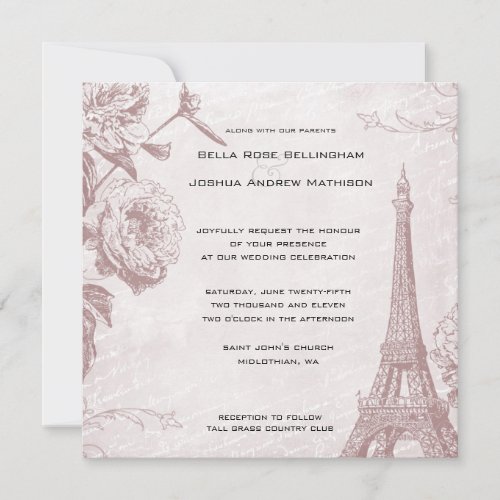 Vintage Rose Eiffel Tower Wedding Invitation
