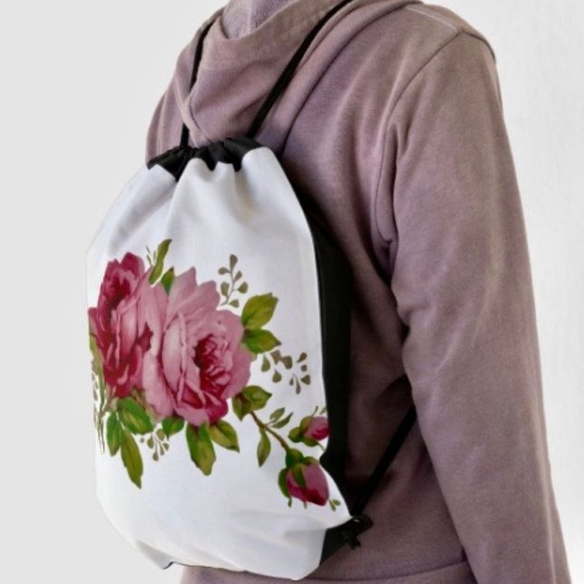 Vintage  Rose Elegance Drawstring Bag (Made from 100% polyester constructed with reinforced black trim,  solid black back. 
)