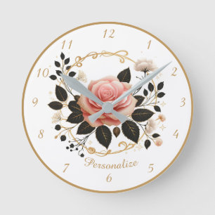 Vintage Rose Elegance Pink Gold Romantic Floral Round Clock