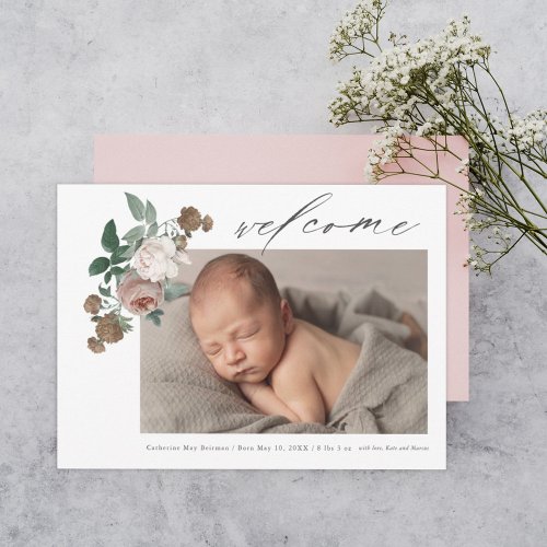 Vintage rose floral baby photo birth announcement
