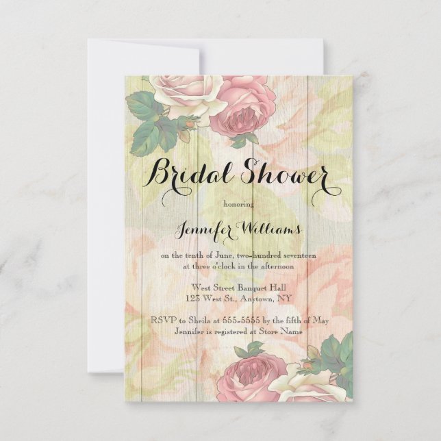 Vintage rose floral bridal shower invitations (Front)