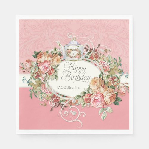 Vintage Rose Floral Elegant Tea Birthday Party Napkins
