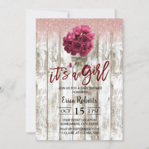 Vintage Rose Floral Jar Wood Girl Baby Shower Invitation