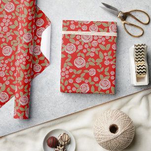 Vintage Rose Floral on Red Wrapping Paper