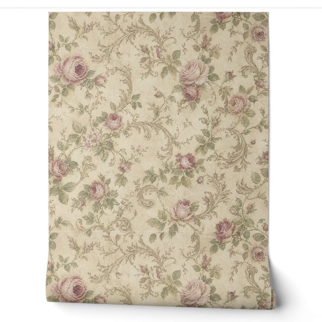 Vintage Rose Floral Pattern in Soft Pink and Cream Wallpaper