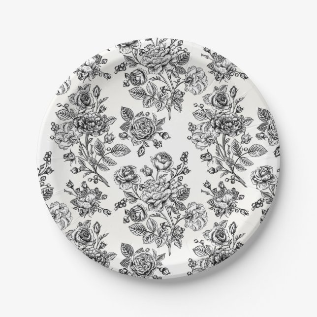 Vintage Rose Floral Pattern Paper Plates (Front)