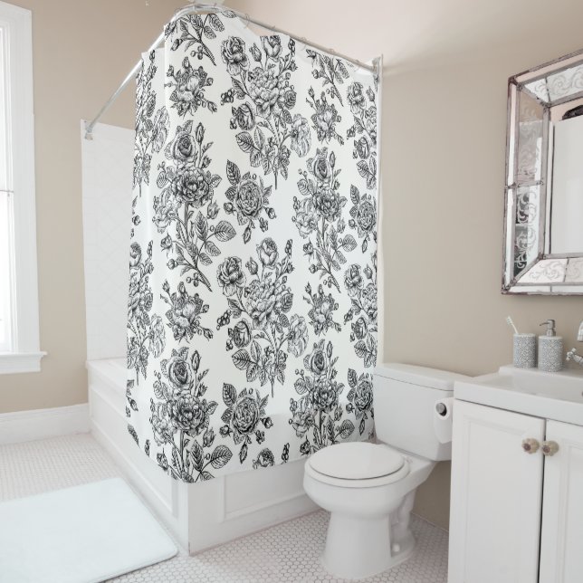 Vintage Rose Floral Pattern Shower Curtain (In Situ)