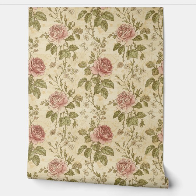 Vintage Rose Floral Pattern Wallpaper (Unrolling)