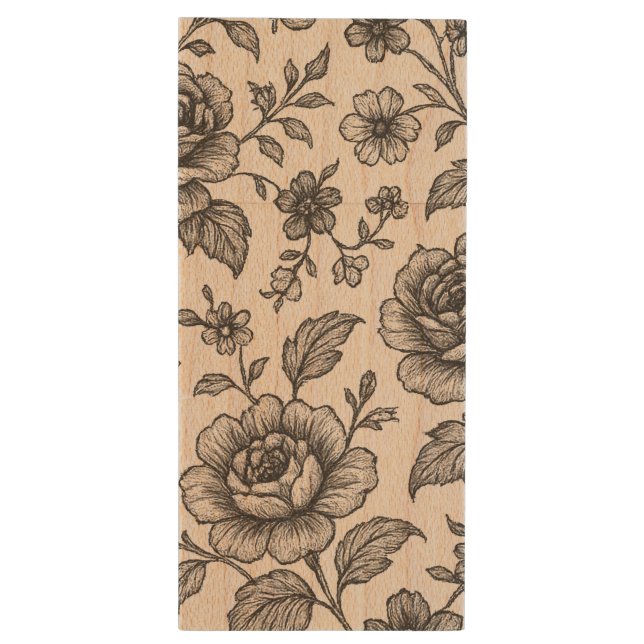 Vintage Rose Floral Pattern  Wood Flash Drive (Back (Vertical))