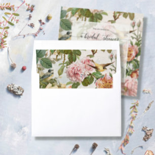 Vintage Rose Floral Pink Yellow Birds Wedding  Envelope Liner
