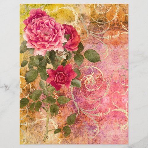 Vintage Rose Floral Red Pink with Gold Damask