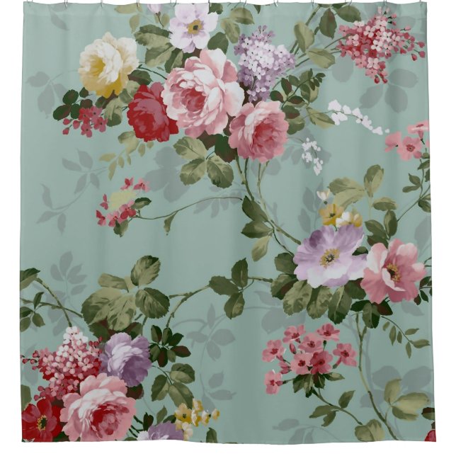Vintage Rose Floral Wallpaper Shower Curtain (Front)