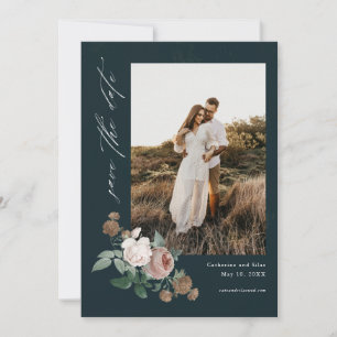 Vintage rose floral wedding photo save the date invitation