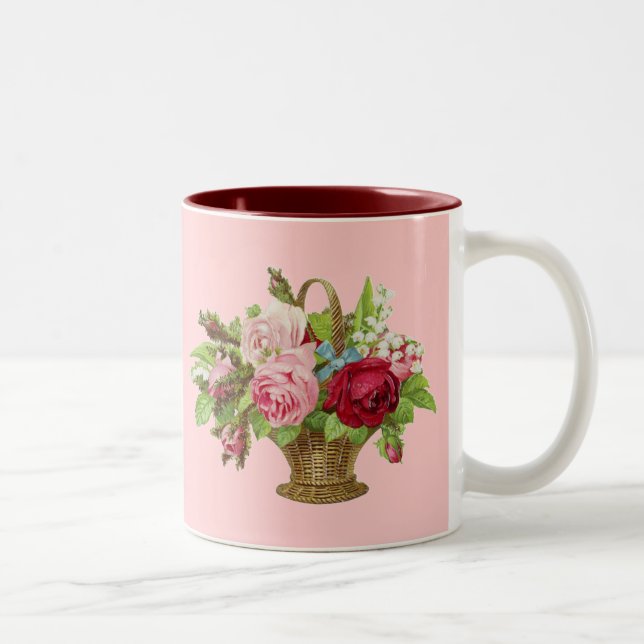 Vintage Rose Flower Basket Two-Tone Coffee Mug (Right)