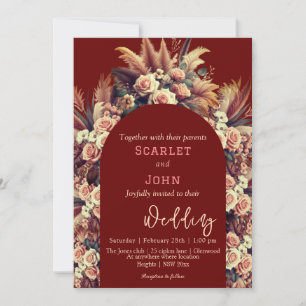 Vintage rose flower boho pampas grass arc wedding invitation