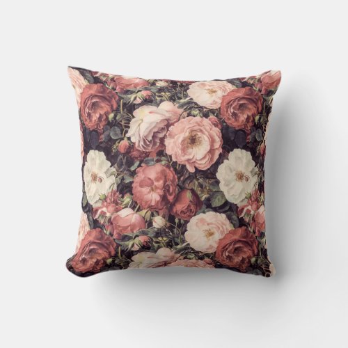 Vintage rose flower pattern romantic red and white throw pillow