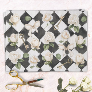 Vintage Rose Flowers Black White Diamond Pattern Tissue Paper