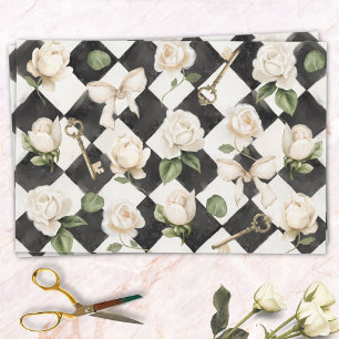 Vintage Rose Flowers Black White Diamond Pattern Wrapping Paper Sheets