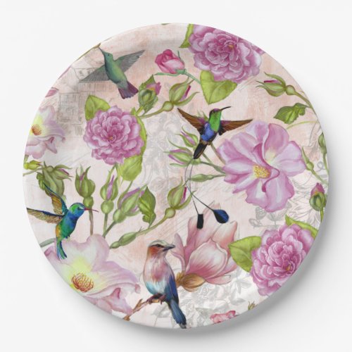 Vintage Rose Flowers  Hummingbirds pattern Paper Plates
