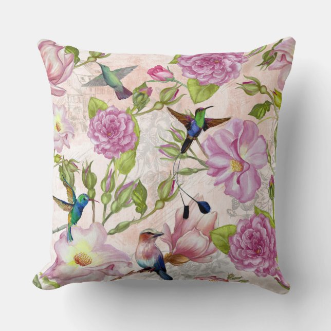 Vintage Rose Flowers & Hummingbirds pattern Throw Pillow (Front)