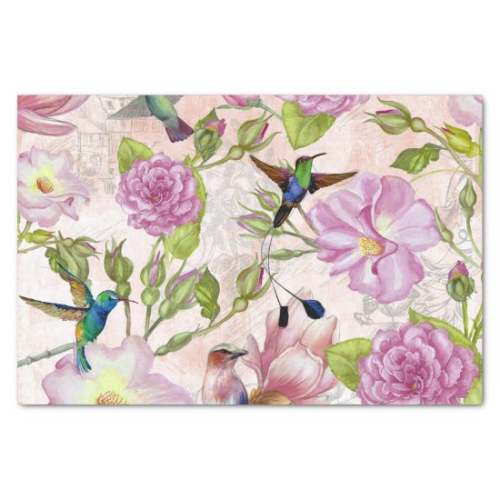 Vintage Rose Flowers & Hummingbirds pattern Tissue Paper