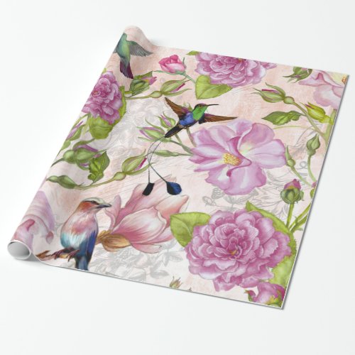 Vintage Rose Flowers  Hummingbirds pattern Wrapping Paper