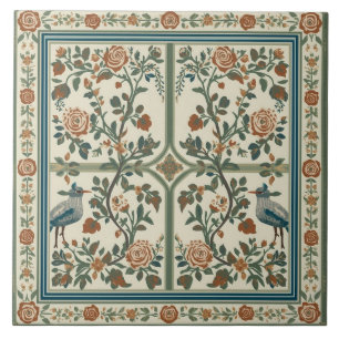 Vintage Rose Garden Bird Border Pattern Ceramic Tile