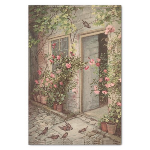 Vintage Rose Garden Cottage Bird Doorway Decoupage Tissue Paper