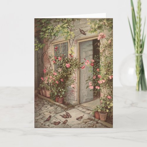 Vintage Rose Garden Cottage Blank Greeting Card
