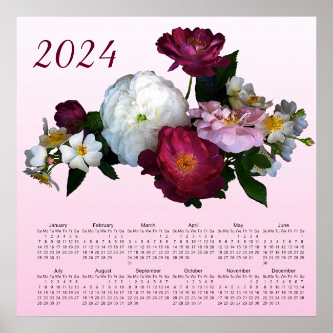 Vintage Rose Garden Flowers 2024 Calendar Poster