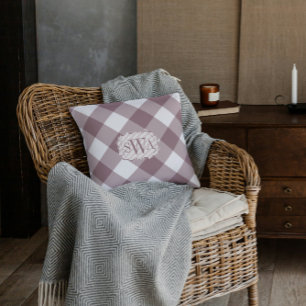 Vintage Rose Gingham Family Monogram Farmhouse Throw Pillow