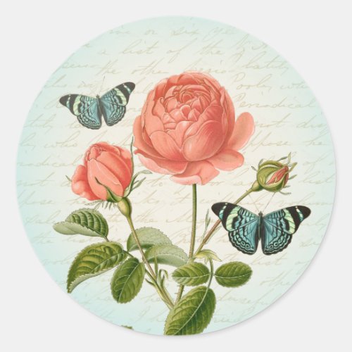Vintage rose girly sticker w butterflies