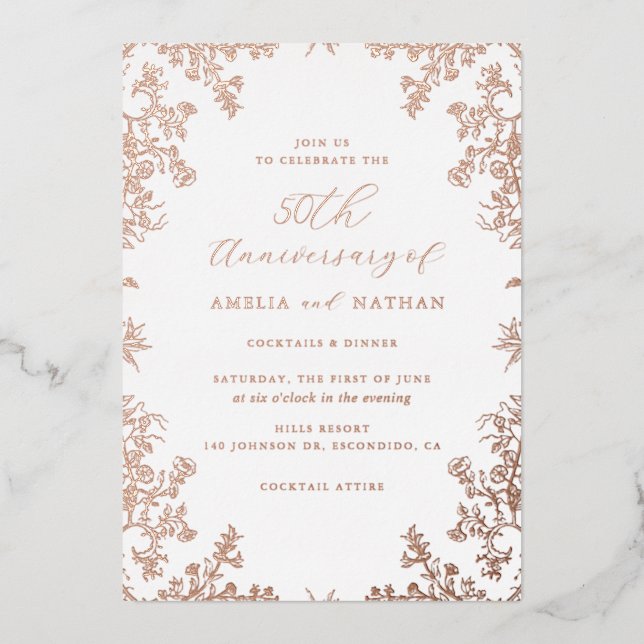 Vintage Rose Gold 50th Anniversary Party Foil Invitation (Front)