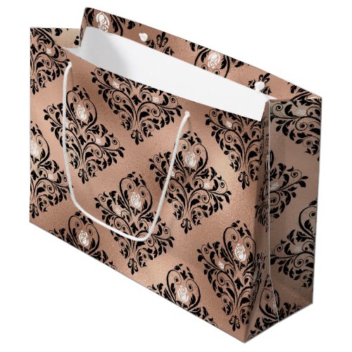 Vintage Rose Gold and Black Gothic Floral Damask Large Gift Bag