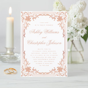 Vintage Rose Gold Antique Ornate White Wedding Invitation