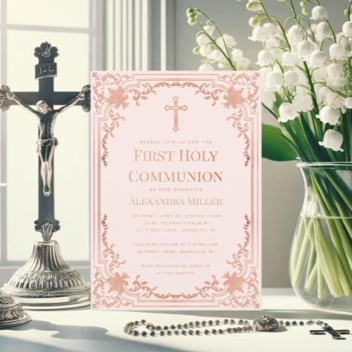Vintage Rose Gold Blush Pink Girl First Communion Invitation
