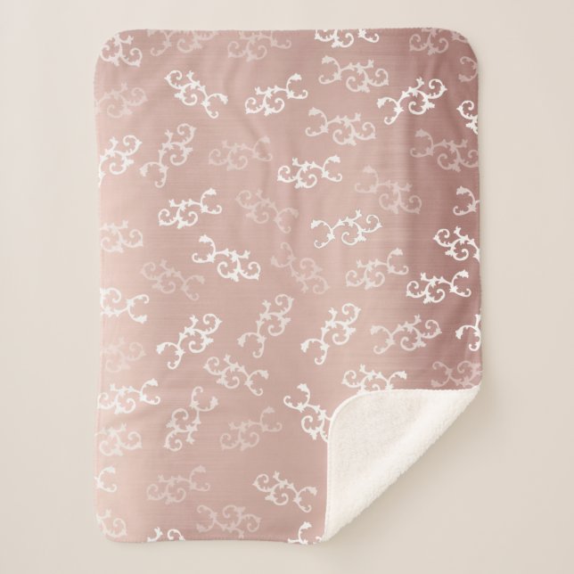 Vintage Rose Gold Damask Pattern Sherpa Blanket (Front)
